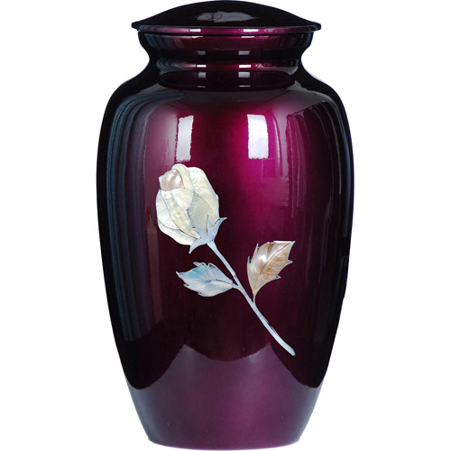 mother of pearl inlay rose on a rich burugundy adult cremation urn