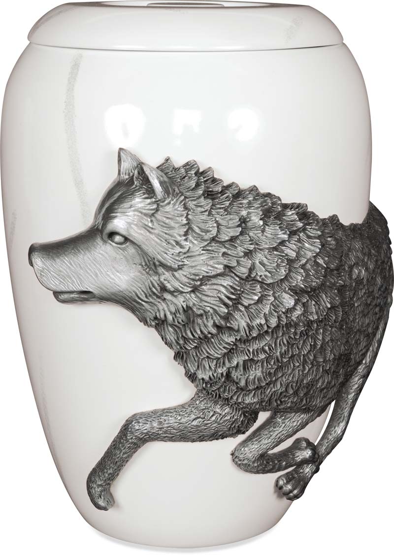marble urn with pewter wolf