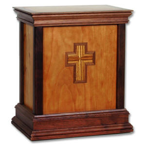 wood urn with cross