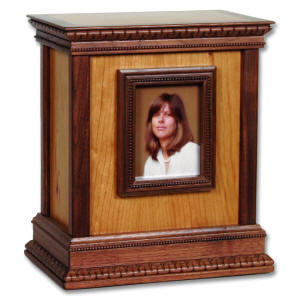 Cherry wood urn with picture frame on front 