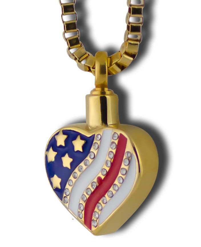 Gold heart cremation pendant with american flag