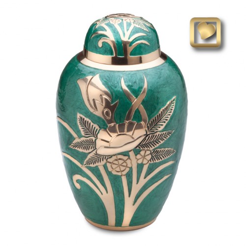 large green brass  urn with gold flowers