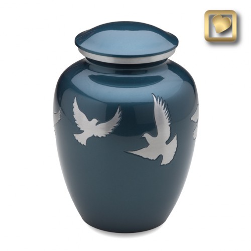 Flying doves blue brass  urn