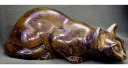 Calico bronze laying cat urn