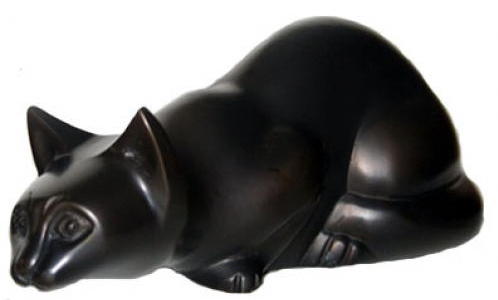 Dark bronze laying cat urn