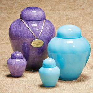 violet and aqua hand blown glass cremation urns