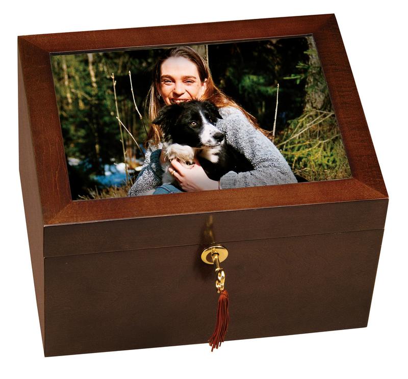 wood chest urn with picture frame lock box