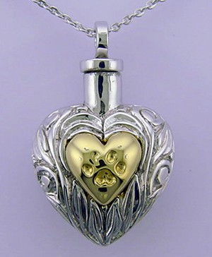 gold and silver heart with paw print pet cremation pendant