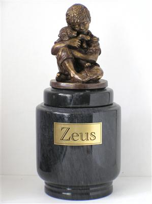 Friends Forever Small  Marble Dog Urn with bronze sculpture of a Boy holding a puppy