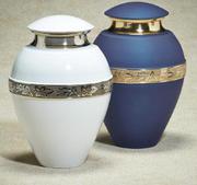 Blue and white brass urns