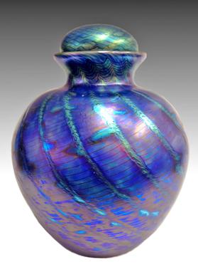 Blue stipe glass urn