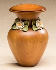 wood urn with ceramic  roses