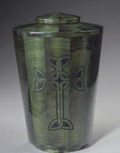 green dyed wood urn with Irish cross