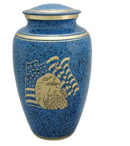 Blue color on brass american flag cremation urn