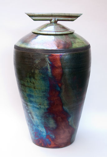 rainbow color Raku tall urn
