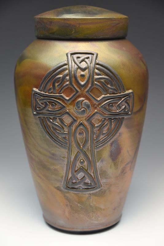 Celtic cross gold raku urn