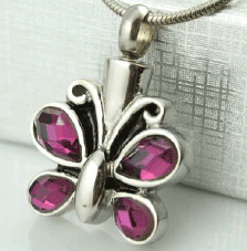 purple glass and stainless steal cremation butterfly pendant